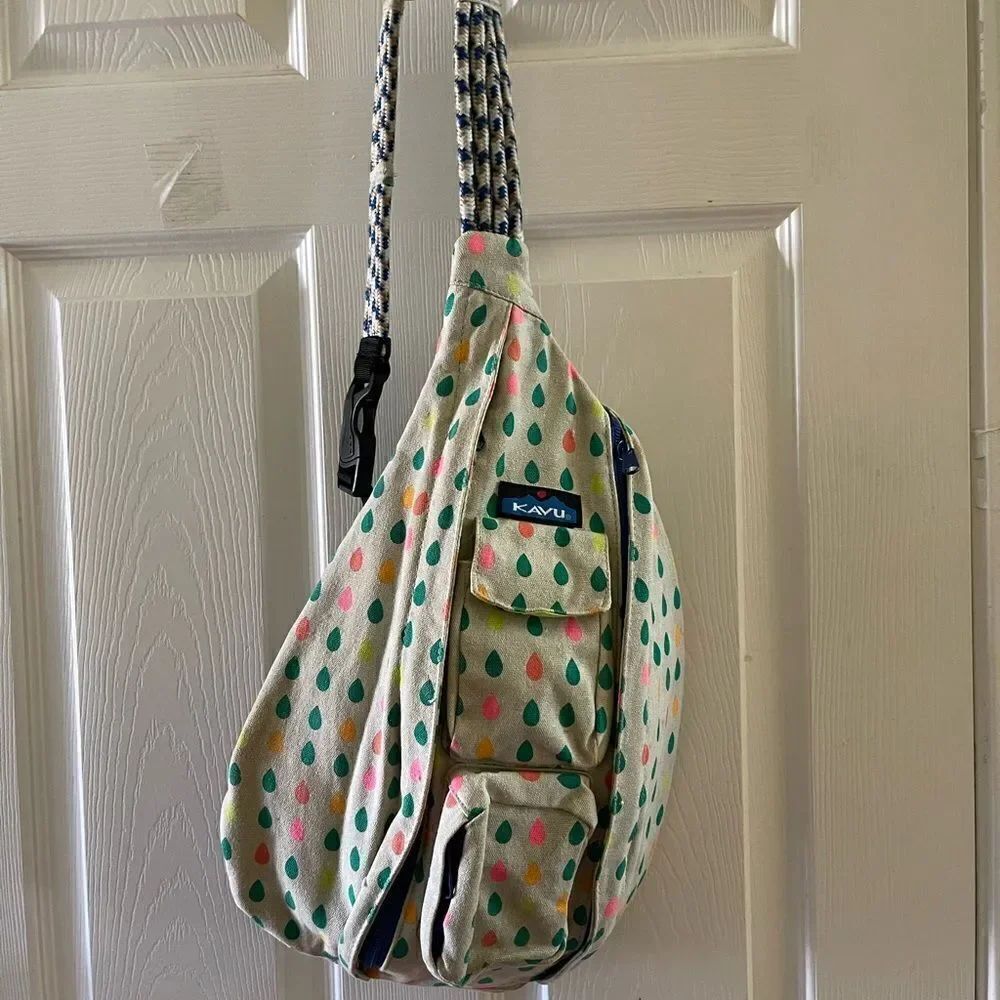 KAVU Rope Sling Backpack Canvas Beige Retro Muted Rainbow Raindrops